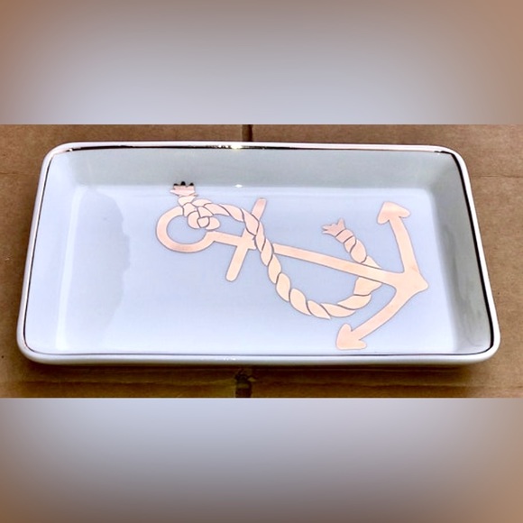Vintage J. CREW Gold Trim White Porcelain Rope & Anchor Ceramic Trinket Key Dish - Picture 7 of 10